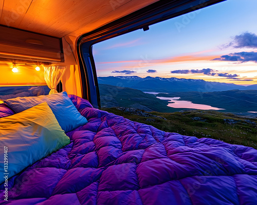 Camper Van Bed, Mountain Sunset View, Relaxing, Adventure