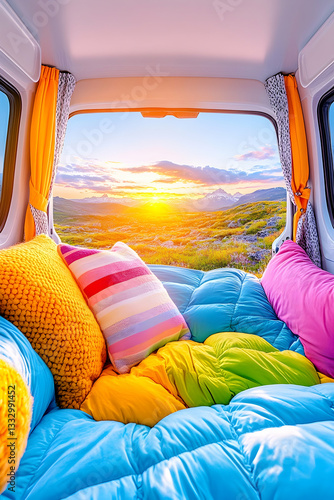 Camper van interior, mountain sunset view, cozy sleeping area