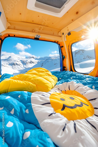 Camper van interior, snowy mountain view, cozy bedding