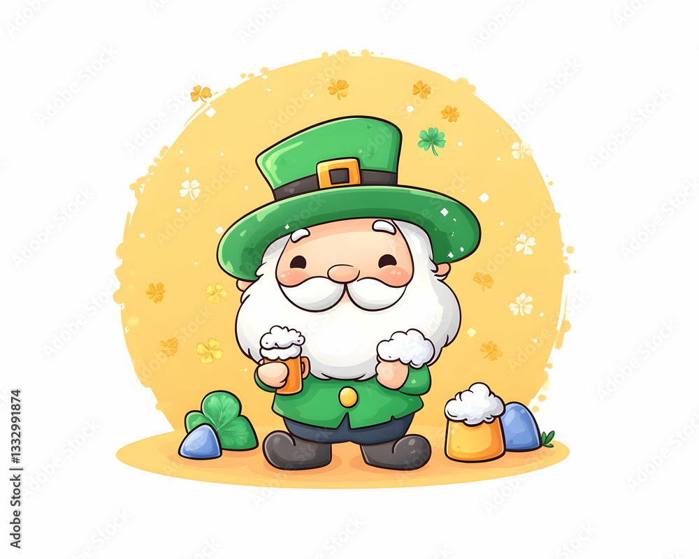 Naklejka premium Cartoon leprechaun holding beer, shamrocks, gold background