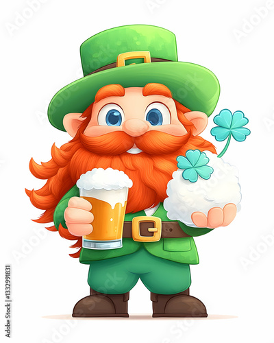 Cartoon leprechaun holding a beer and a shamrock