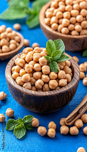 Chickpeas in wooden bowl on blue background