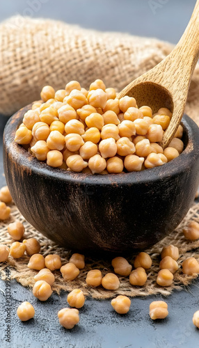 Chickpeas in wooden bowl on burlap
