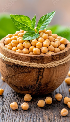 Chickpeas in wooden bowl on rustic table, healthy food
