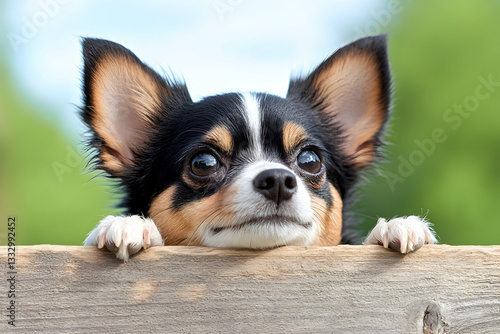 Chihuahua looking over wooden fence, outdoors, sunny day, pet portrait, possible use in greeting cards
