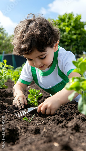 Child gardening in a garden, planting young plants, outdoor activity, for educational resource