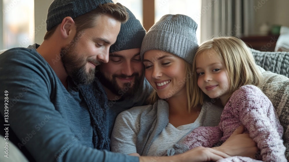 Obraz premium A happy family embracing warmly together indoors on a sofa