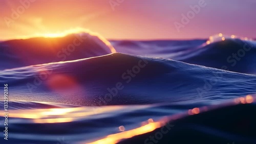 Serene sunset over gentle ocean waves, capturing vibrant colors and tranquil atmosphere