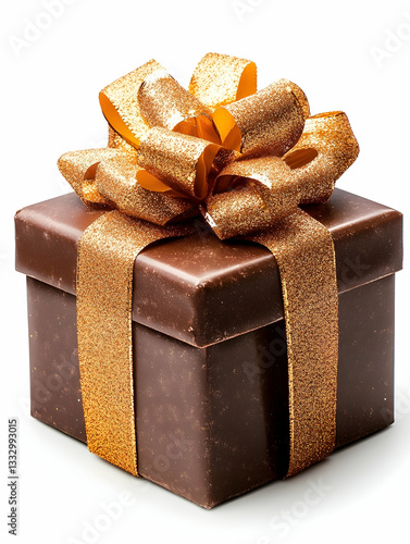 Chocolate gift box with gold ribbon, isolated background