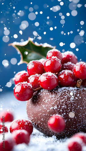 Chocolate cranberries, festive winter berries, close-up, snow, holiday dessert