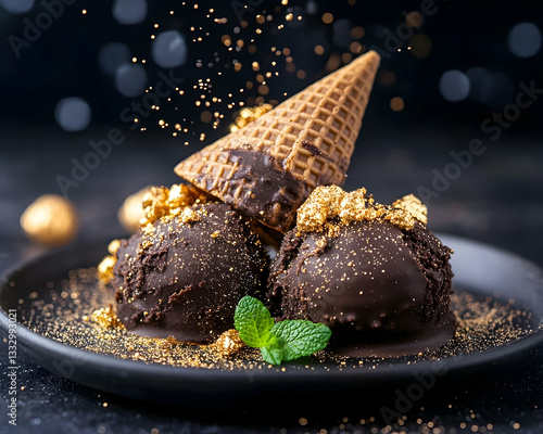Chocolate Ice Cream Scoops in Cone, Gold Edible Glitter, Dark Background