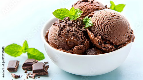 Chocolate ice cream scoops in white bowl on light blue background. Possible use food photography, social media, website, advertising