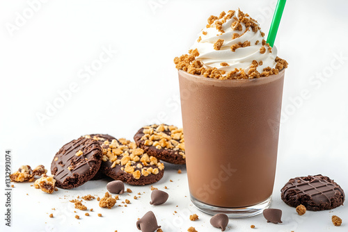 Chocolate iced coffee drink with cookies and whipped cream
