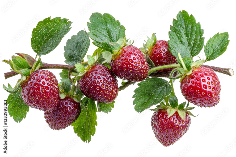 Ripe strawberries on a branch with green leaves, cut out transparent Ripe strawberries on a branch with green leaves, cut out transparent
