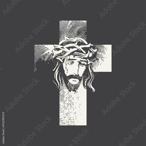 Easter banner or greeting card with Christian catholic cross with portrait of crying Jesus Christ wearing crown of thorns. Vector illustration, logo on religious theme with Son of God. T-shirt design