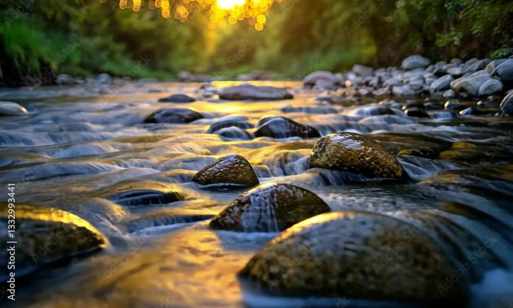 Golden Hour River Serenity: A Tranquil Stream at Sunset Golden Hour River Serenity: A Tranquil Stream at Sunset