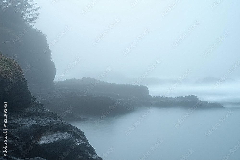 Fototapeta premium A misty coastal landscape featuring rocky cliffs and calm water under a dense layer of fog 