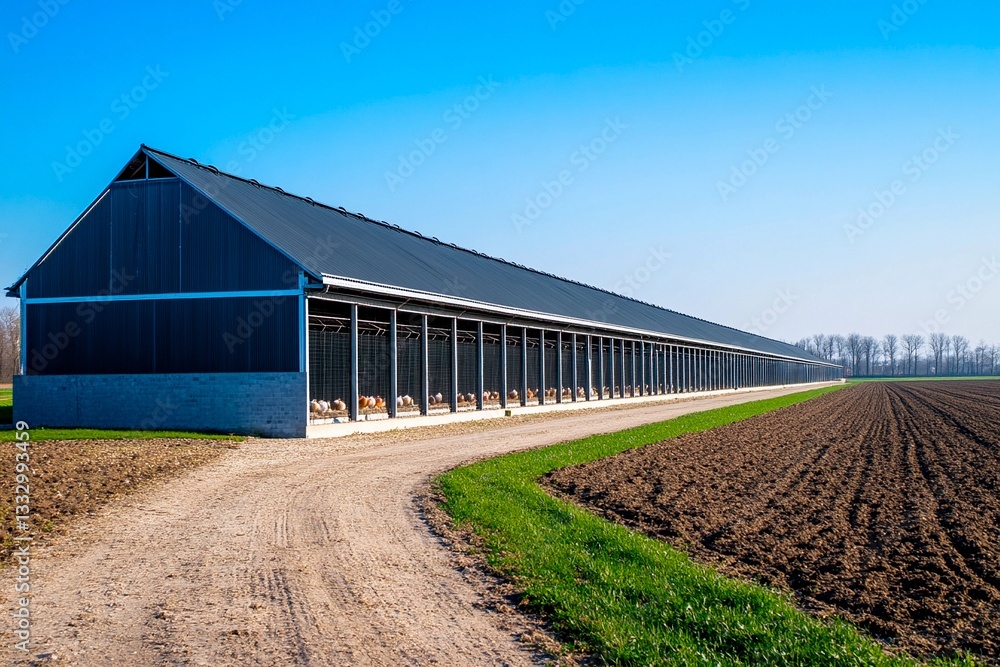 A long cattle barn is seen beside a dirt road, with cattle visible inside. Surrounding fields exhibit freshly tilled soil and vibrant greenery under a sunny sky A long cattle barn is seen beside a dirt road, with cattle visible inside. Surrounding fields exhibit freshly tilled soil and vibrant greenery under a sunny sky