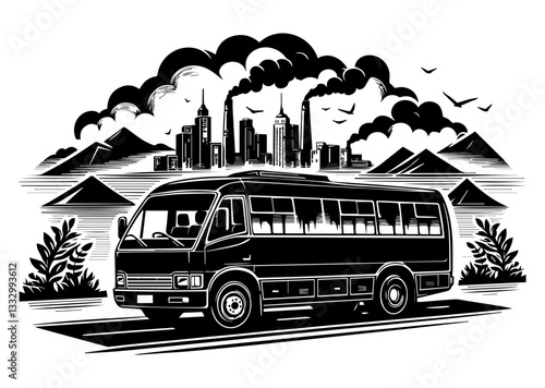 Silhouette of a passenger bus against the background of the city. Vector graphics. EPS.