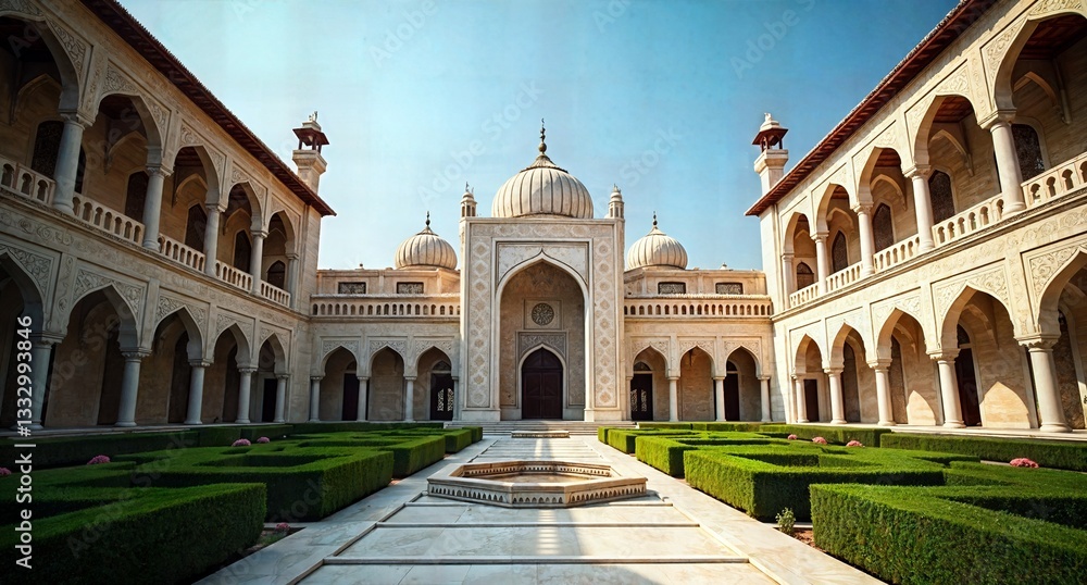 Fototapeta premium A Serene Courtyard of Grand Architecture and Lush Gardens