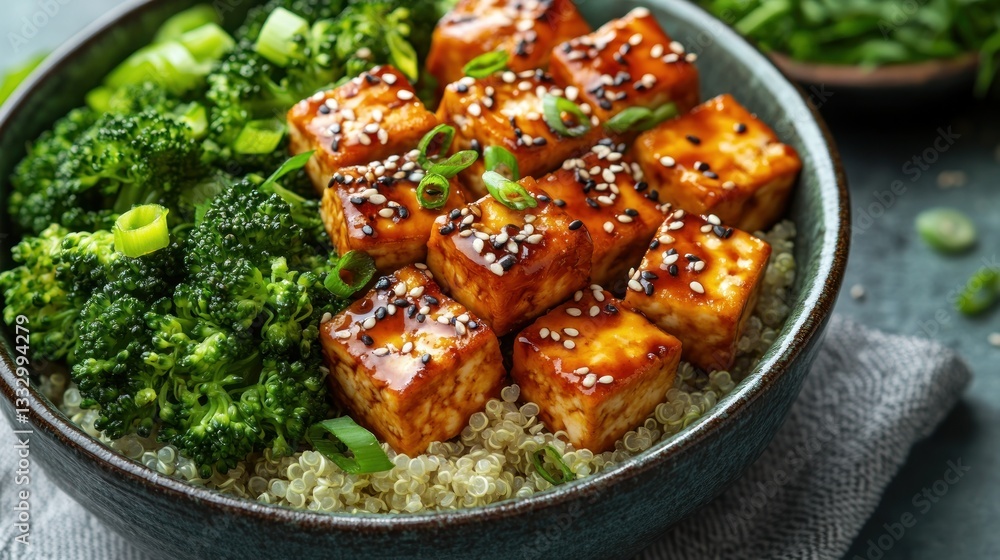 Teriyaki tofu and broccoli over quinoa in a bowl Teriyaki tofu and broccoli over quinoa in a bowl