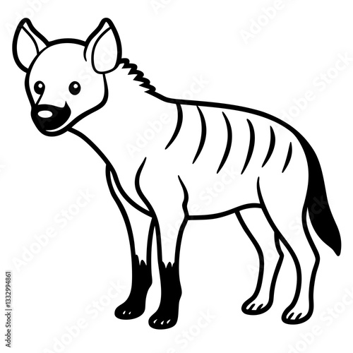 a black and white illustration of a hyena with a detailed outline, standing and looking forward