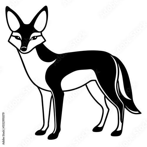 a stylized illustration of a striking black-backed jackal. It has a sleek, minimalist design with a contrasting black and white color scheme. The jackal is standing in a dignified pose.