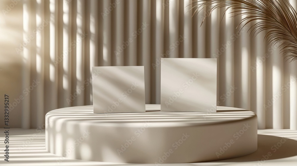 Fototapeta premium Podium with two white squares and shadows against a striped wall