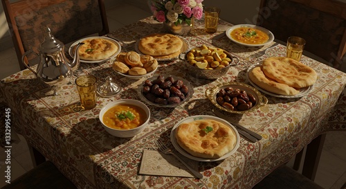 A beautifully set table laden with a variety of Middle Eastern dishes.