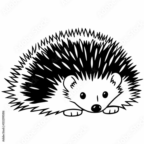an adorable hedgehog illustration with its quills. The illustration is in black and white and captures the hedgehog's cute face