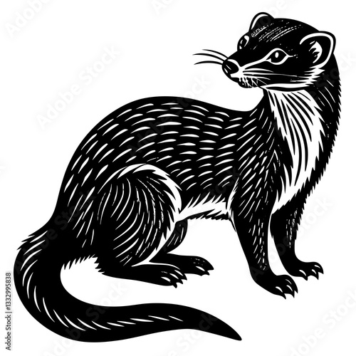 a black and white vector illustration of a weasel in a side-on pose, looking alert and inquisitive