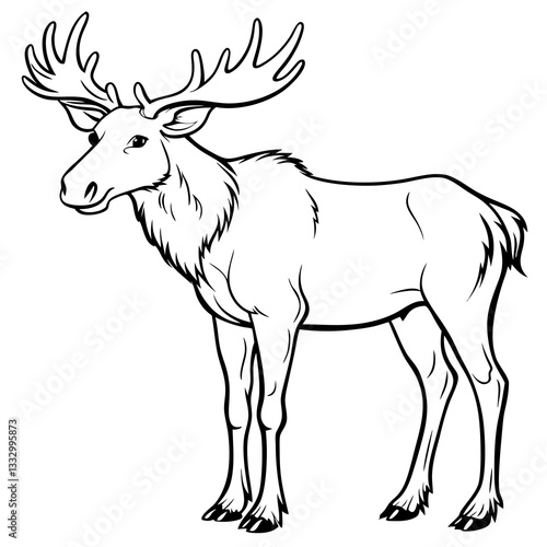 a moose with large antlers standing tall, depicted in a black and white line art