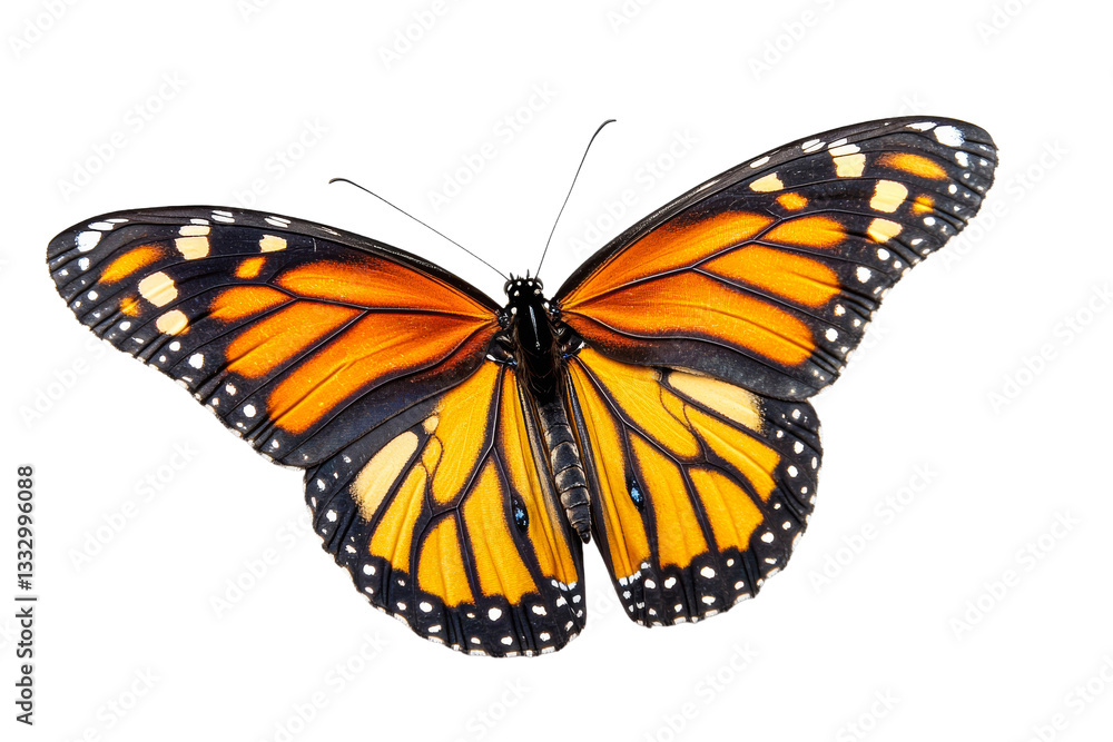 Fototapeta premium Monarch butterfly with orange wings and spots, cut out transparent