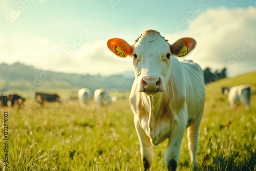Curious white cow standing in a grassy meadow on a sunny day looks toward the camera
