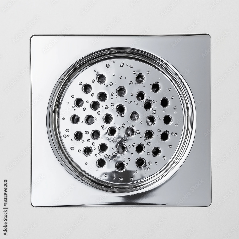 Chrome-plated water drain adorned with tiny water droplets, exhibiting sleek modern design and exceptional functionality Chrome-plated water drain adorned with tiny water droplets, exhibiting sleek modern design and exceptional functionality