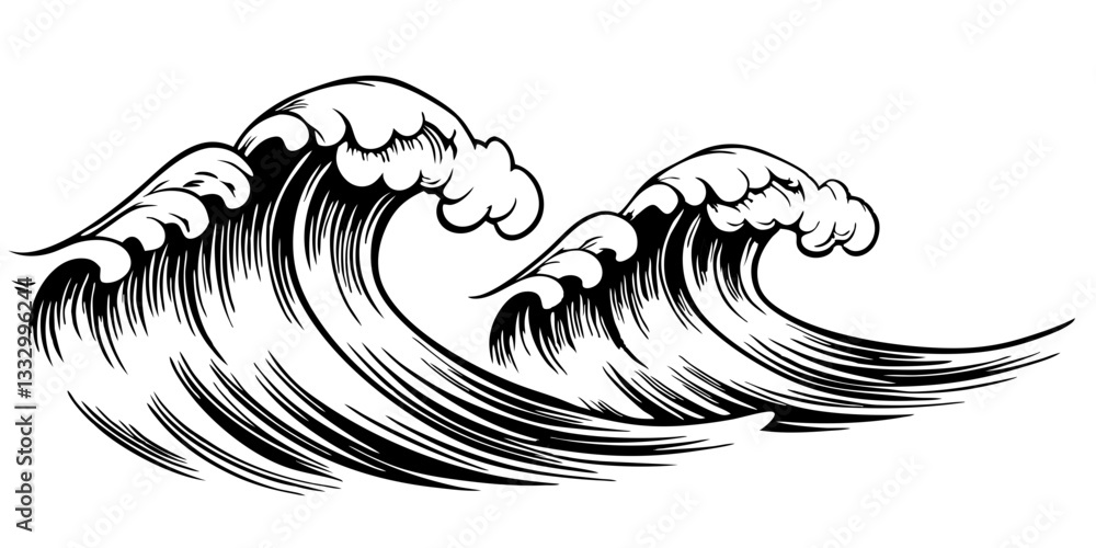 Ocean waves illustration in black and white style Ocean waves illustration in black and white style