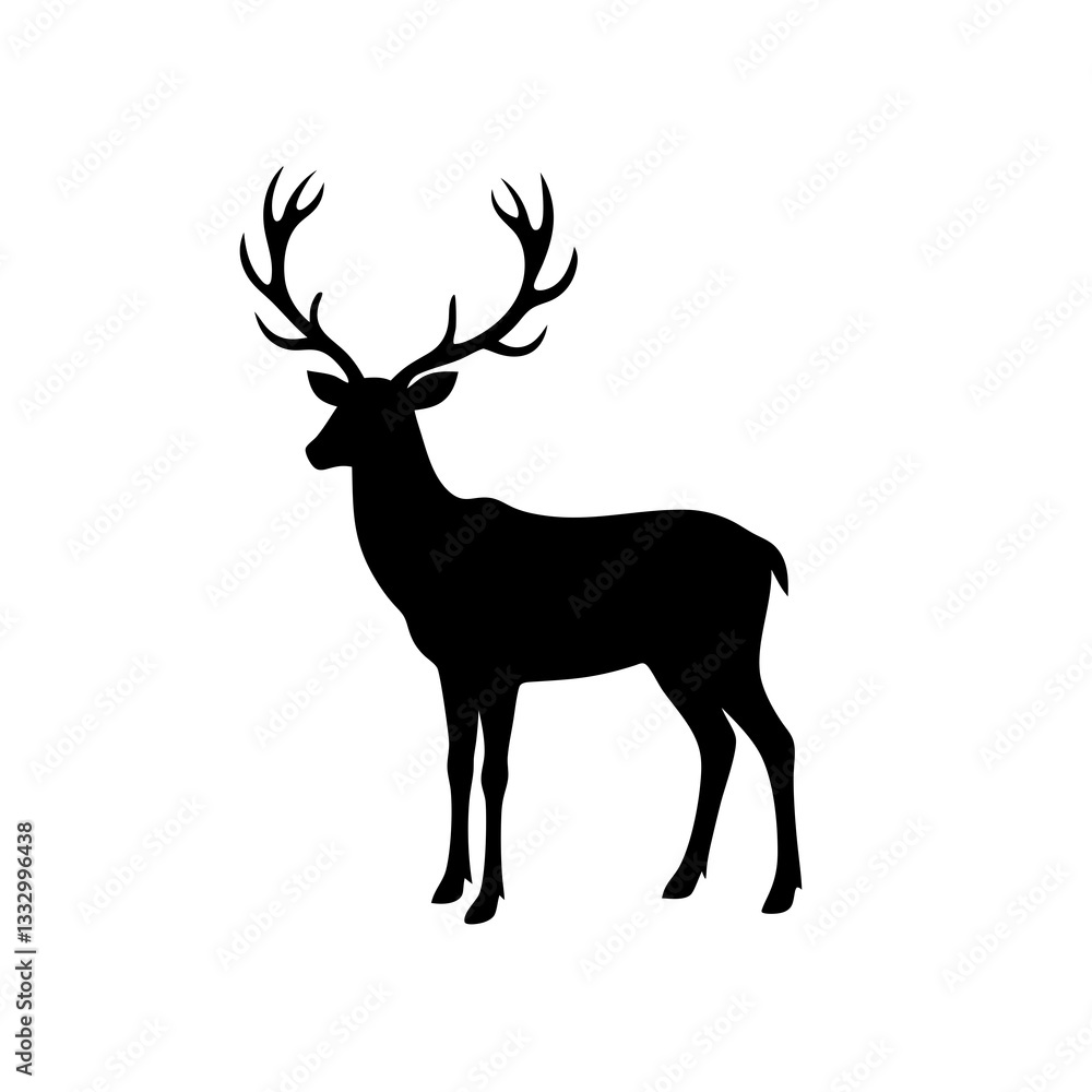 Obraz premium silhouette of a majestic deer with prominent antlers in a striking black outline. The animal stands proudly, showcasing its impressive features vector illustration