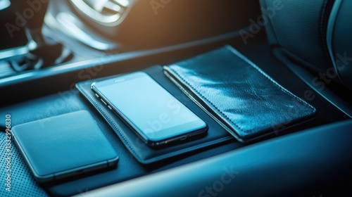 Wallpaper Mural Modern Essentials on a Car Console Smartphone Wallet and Cardholder in a Sleek Interior Sett Torontodigital.ca