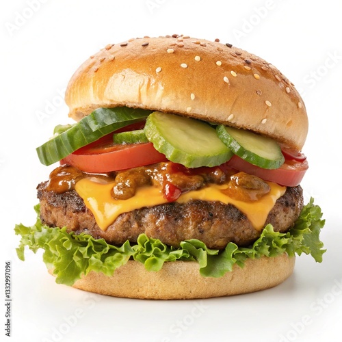 Carolina Burger with Chili Slaw and Mustard Isolated on White Background Delicious Southern Style Sandwich Perfect for Menu Design and Food Advertising