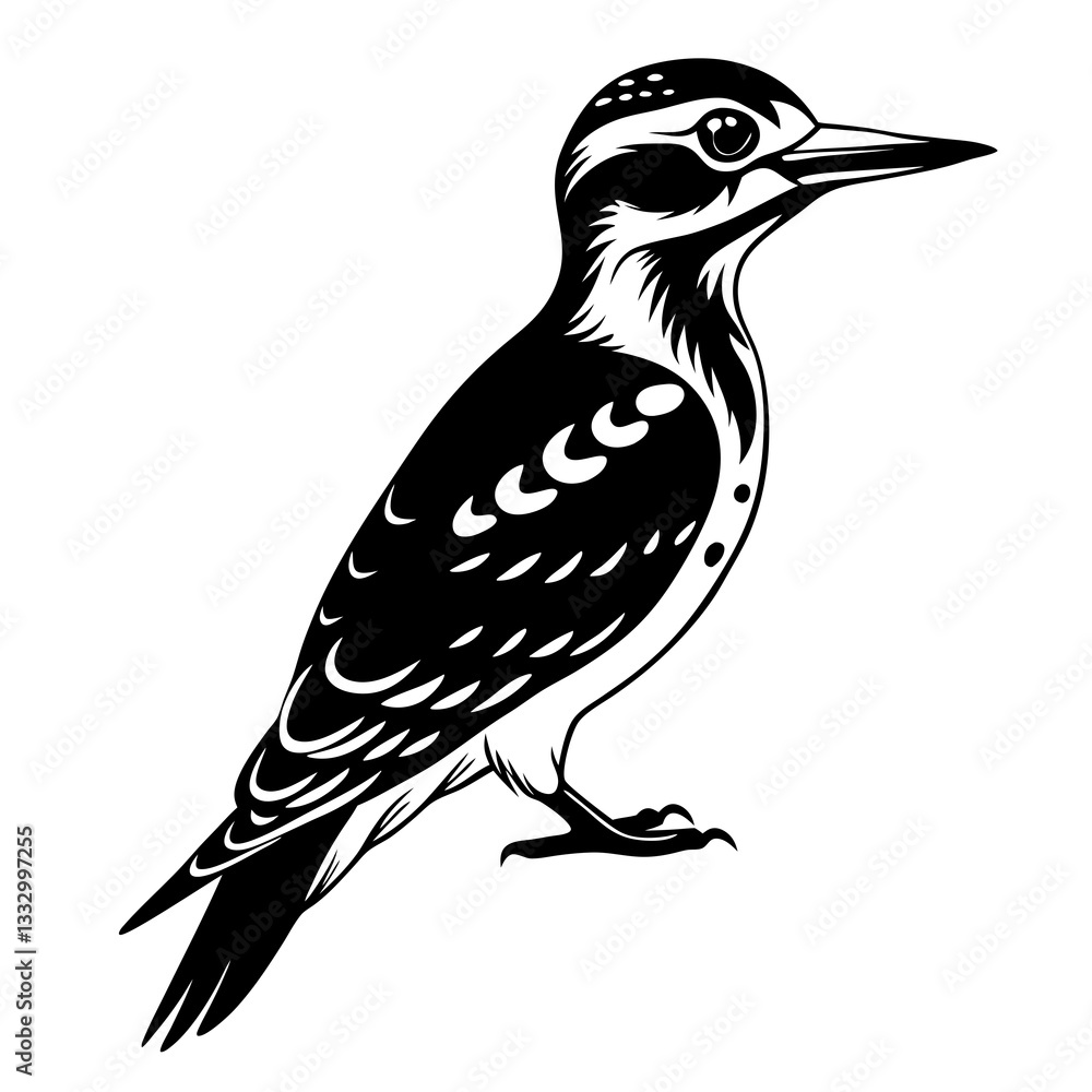 Obraz premium a black and white woodpecker image with intricate feather details. The bird stands on a perch vector illustration