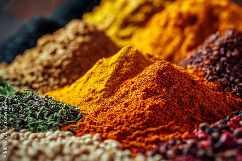 Variety of Colorful Spices Piled Up, Culinary Presentation of Flavorful Food Ingredients Variety of Colorful Spices Piled Up, Culinary Presentation of Flavorful Food Ingredients