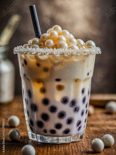 Creamy boba tea with tapioca pearls in a plastic cup, ideal for food and beverage photography
