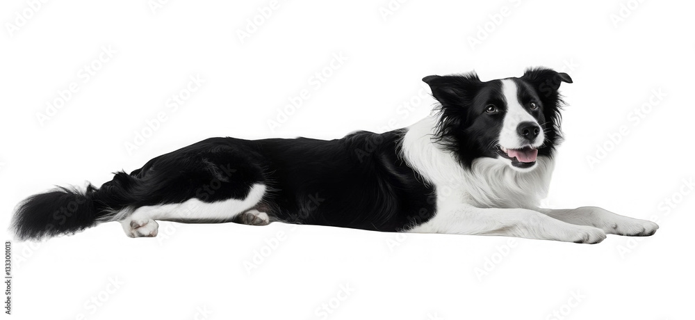 Obraz premium Charismatic typical black and white young adult Border Collie dog, laying down side ways. Looking straight to camera with mouth open smiling. Isolated cutout on a transparent background