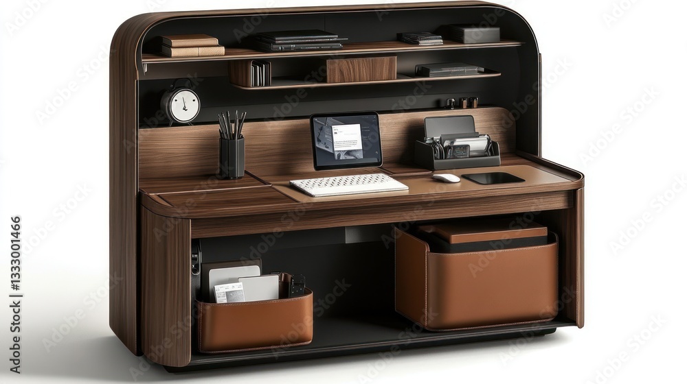 Fototapeta premium Modern walnut desk, organized workspace, home office