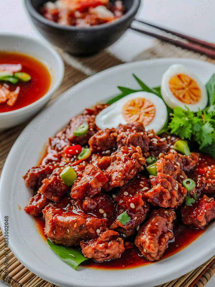 Fototapeta premium Delicious Nam Prik Ong Closeup on White Background