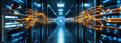 A futuristic data center blueprint with quantum computing cores, high-speed servers, and security protocols.