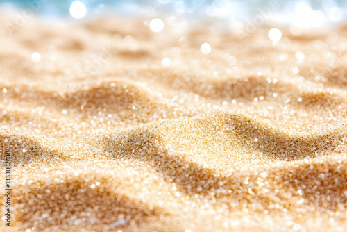Close-up beach sand with bokeh.  Relaxing summer scene. Ideal for backgrounds or wallpapers