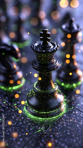 Close-up Chess King, Glowing Board, Abstract Art