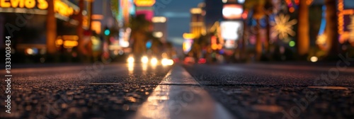 The iconic Las Vegas Strip lit up at night, featuring a blurred view showing the excitement of the city with bright neon lights and bustling streets captured beautifully.