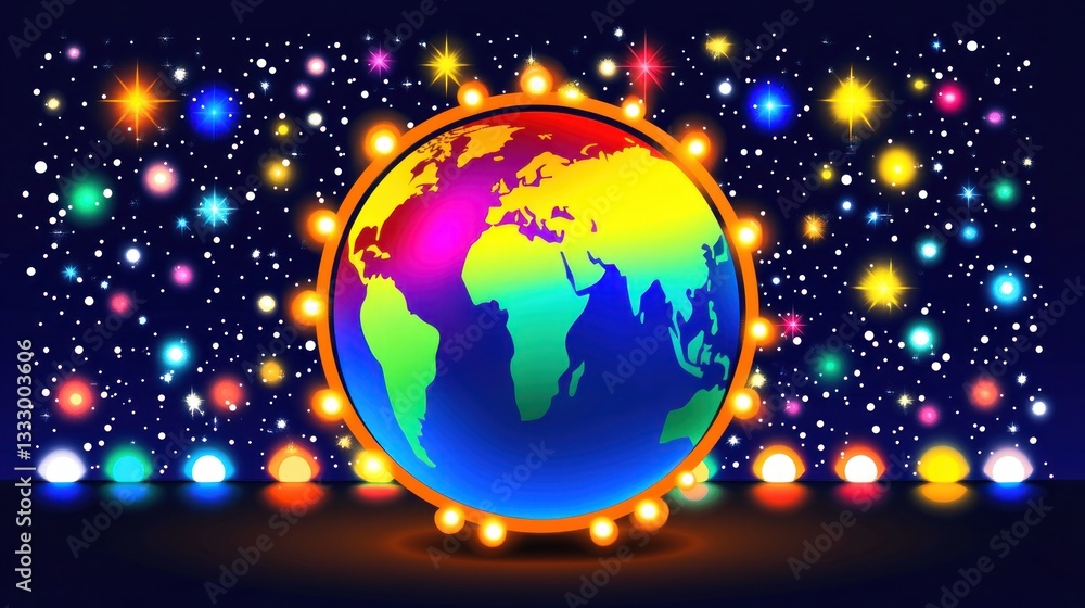 Earth Globe with Rainbow Lights in Cosmic Background Earth Globe with Rainbow Lights in Cosmic Background